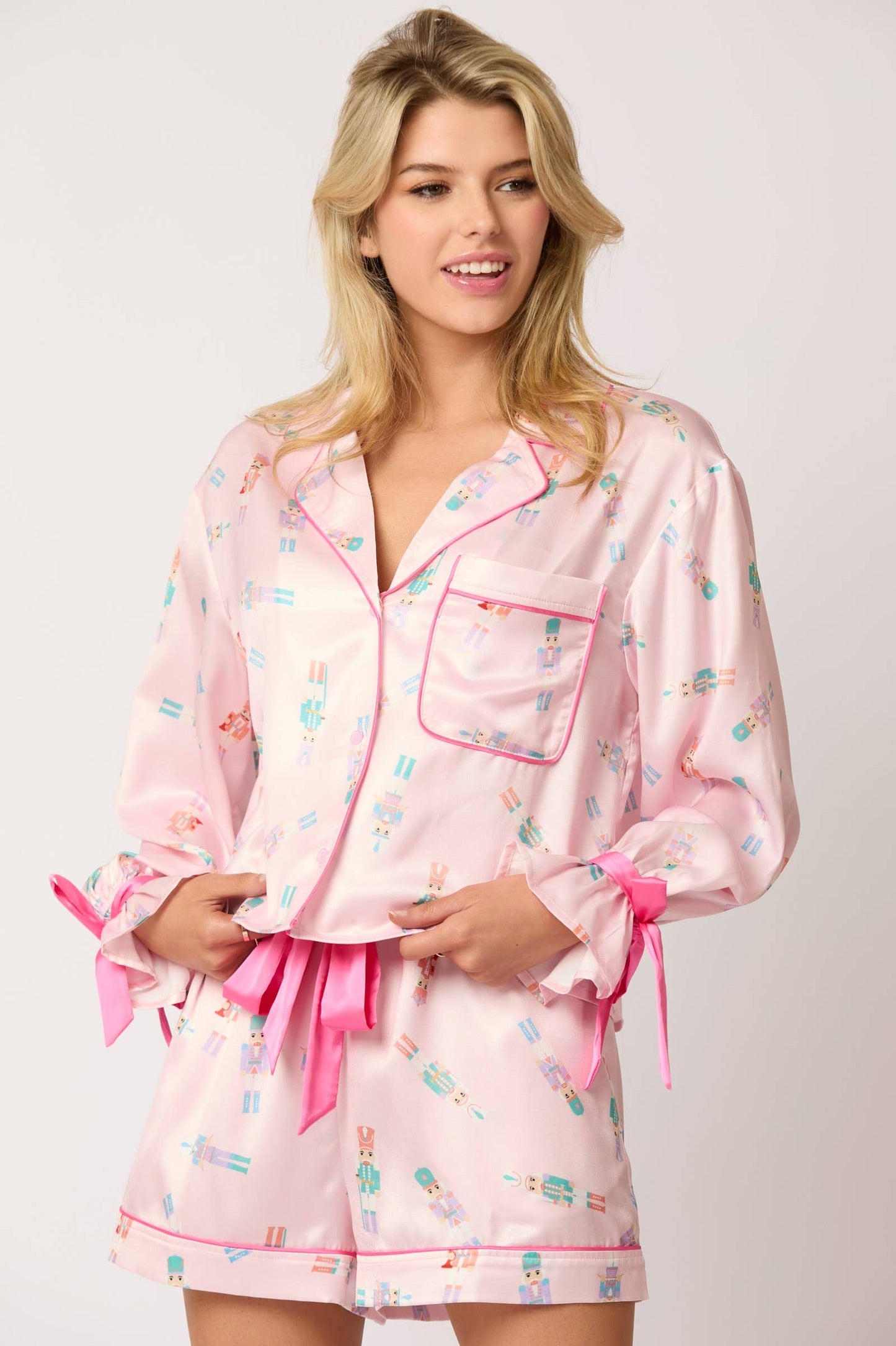 Satin Nutcracker Prints Shirt & Shorts Pajama Set