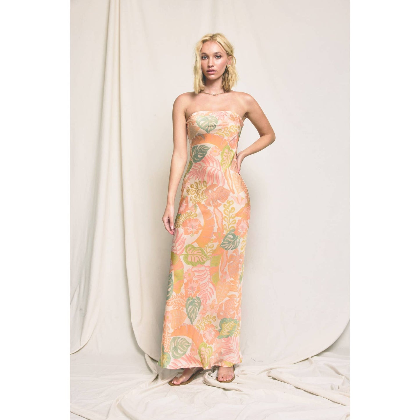 Just Peachy Strapless Clasp Back Maxi Dress