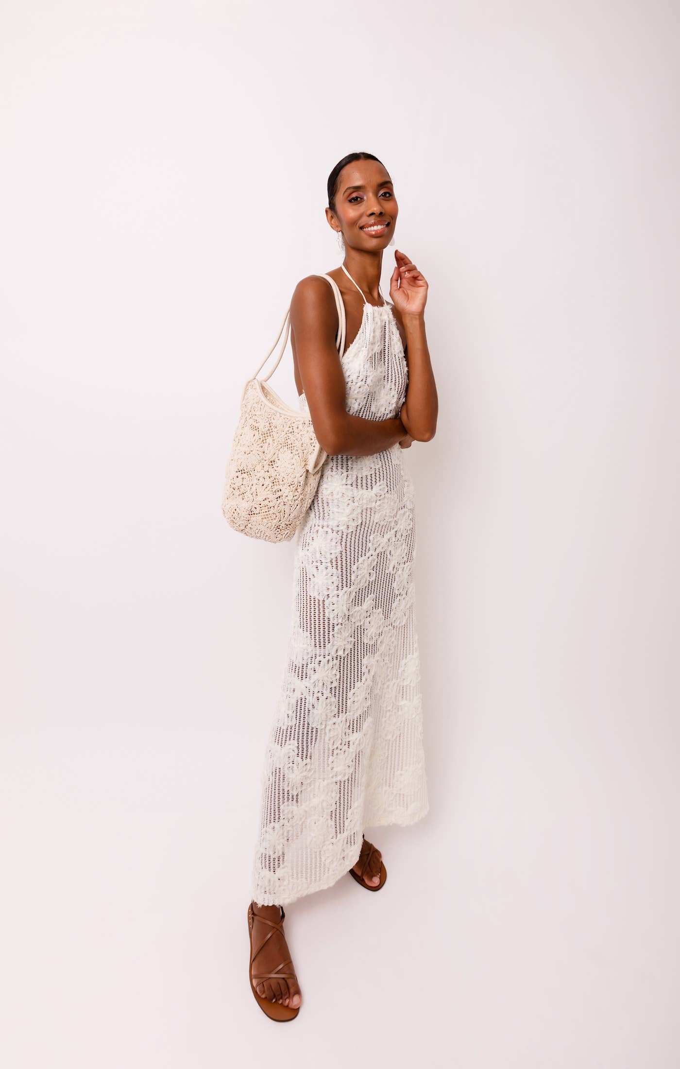Cici Crochet Floral Printed Halter Neck Maxi Dress