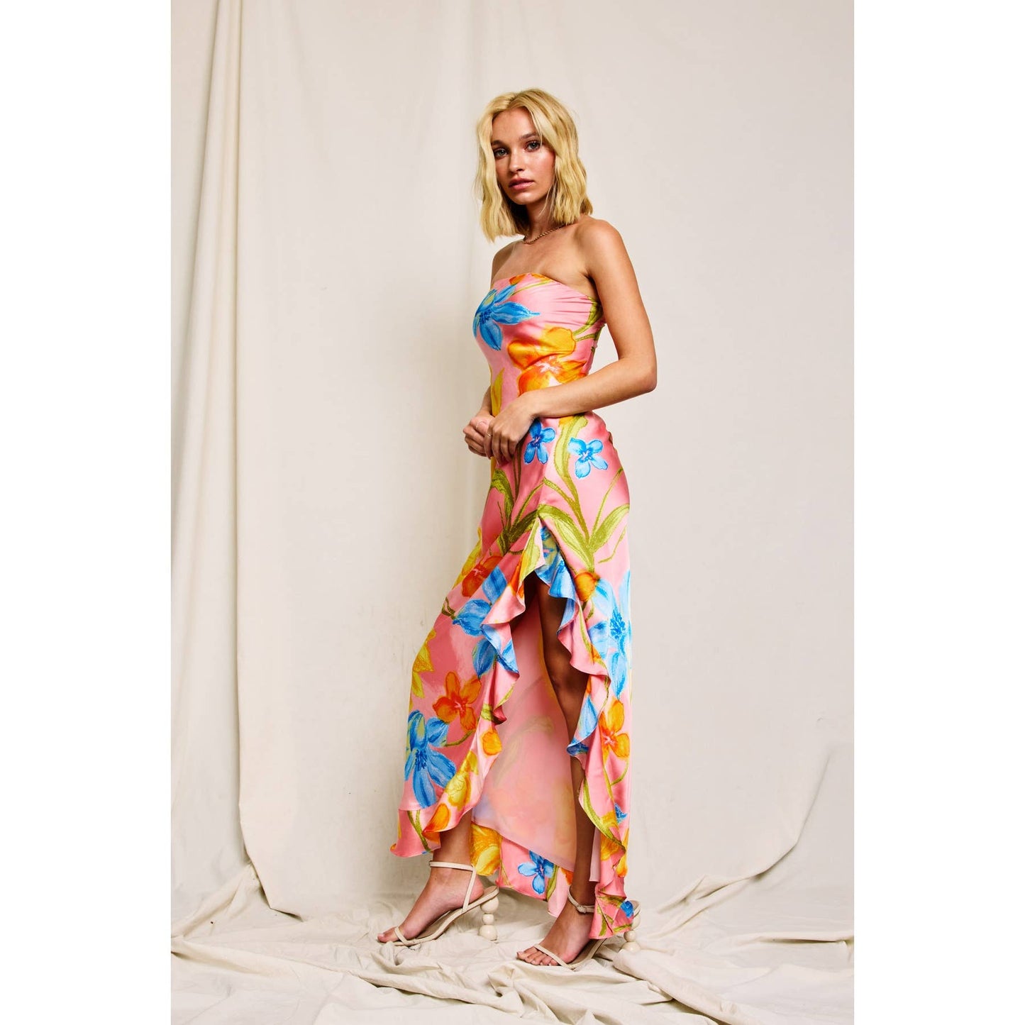 Blushing Blossom Strapless Ruffled Slit Maxi Dress