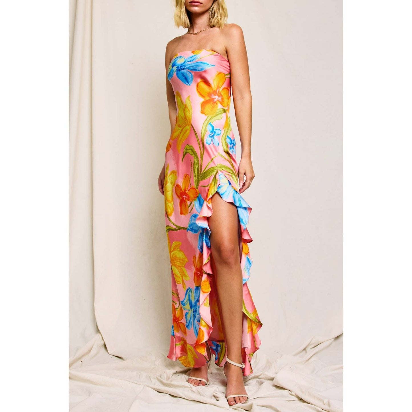 Blushing Blossom Strapless Ruffled Slit Maxi Dress