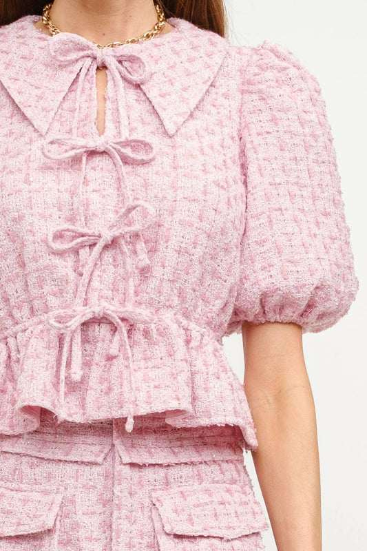Pink Tweed Bow Peplum Top