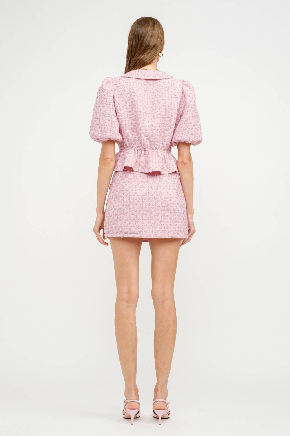 Pink Tweed Bow Peplum Top