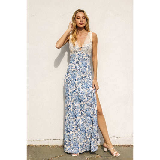 Parisian Blue Empire Lace And Satin Contrast Maxi Dress