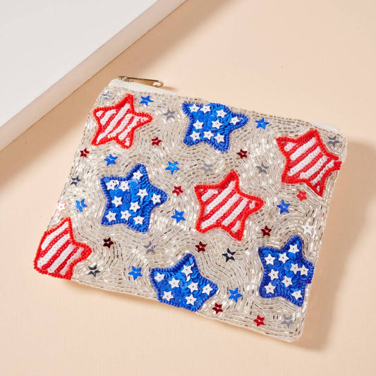 USA Stars Seed Beaded Coin Pouch