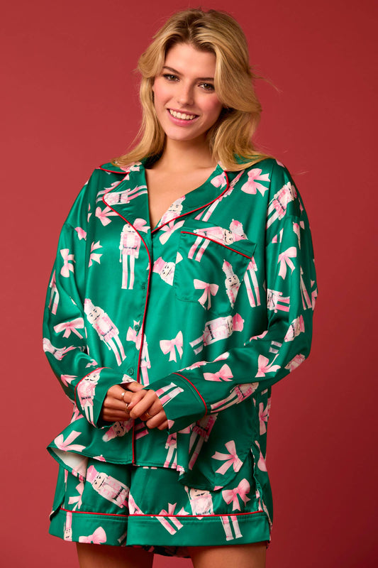 Green Satin Nutcrackers & Bow Prints Pajama Set