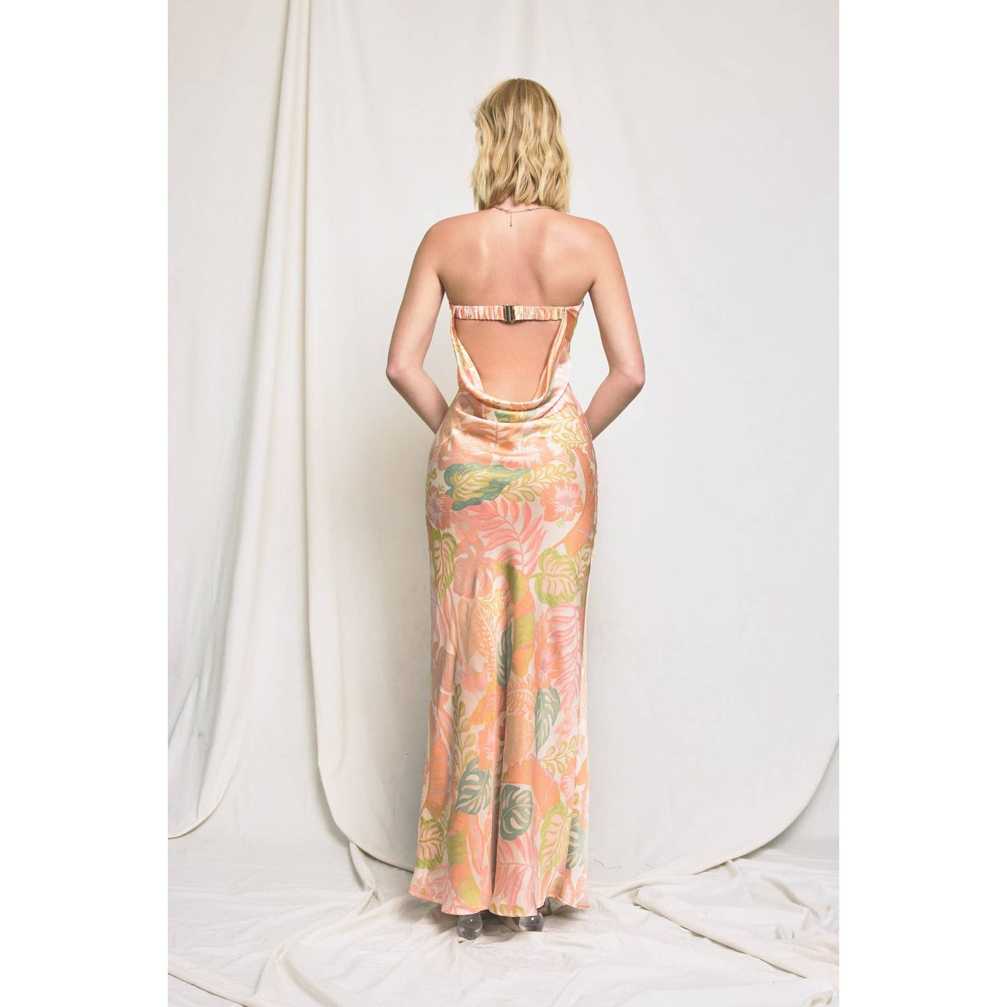 Just Peachy Strapless Clasp Back Maxi Dress