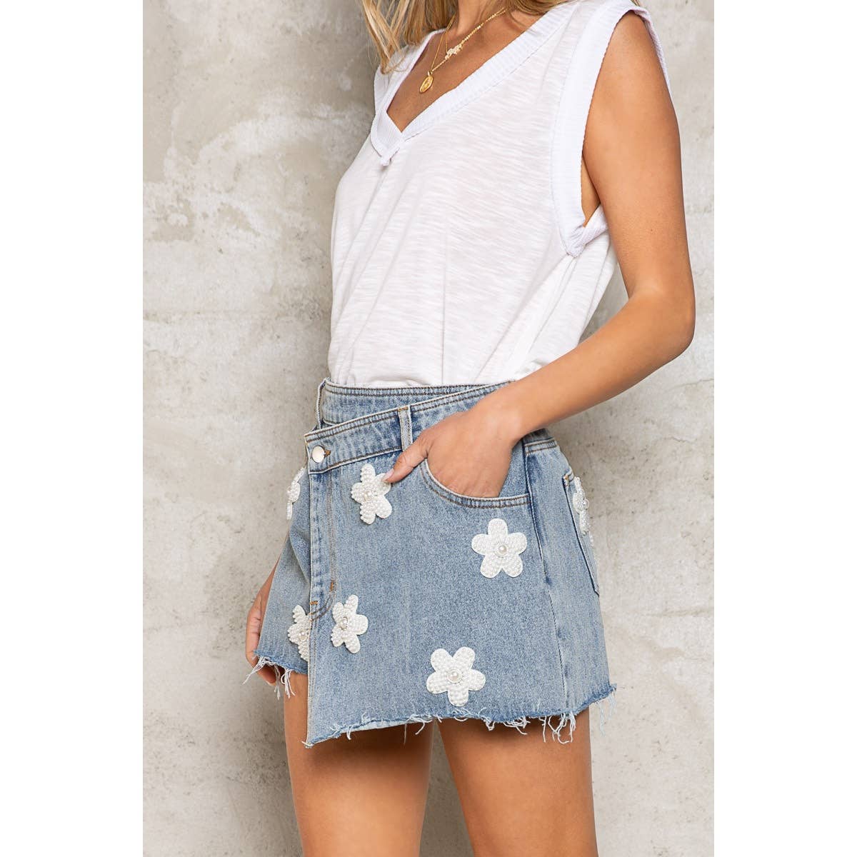 Flower Patched Denim Mini Skort