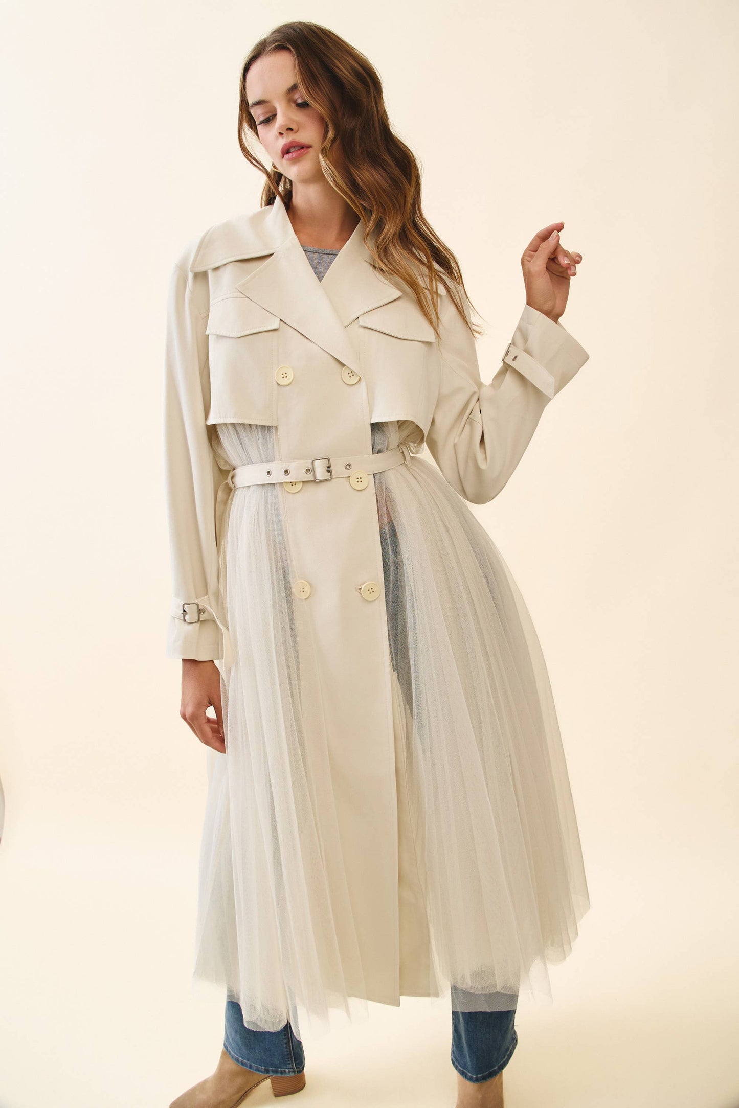 Double Breasted Tulle Classic Trench Coat