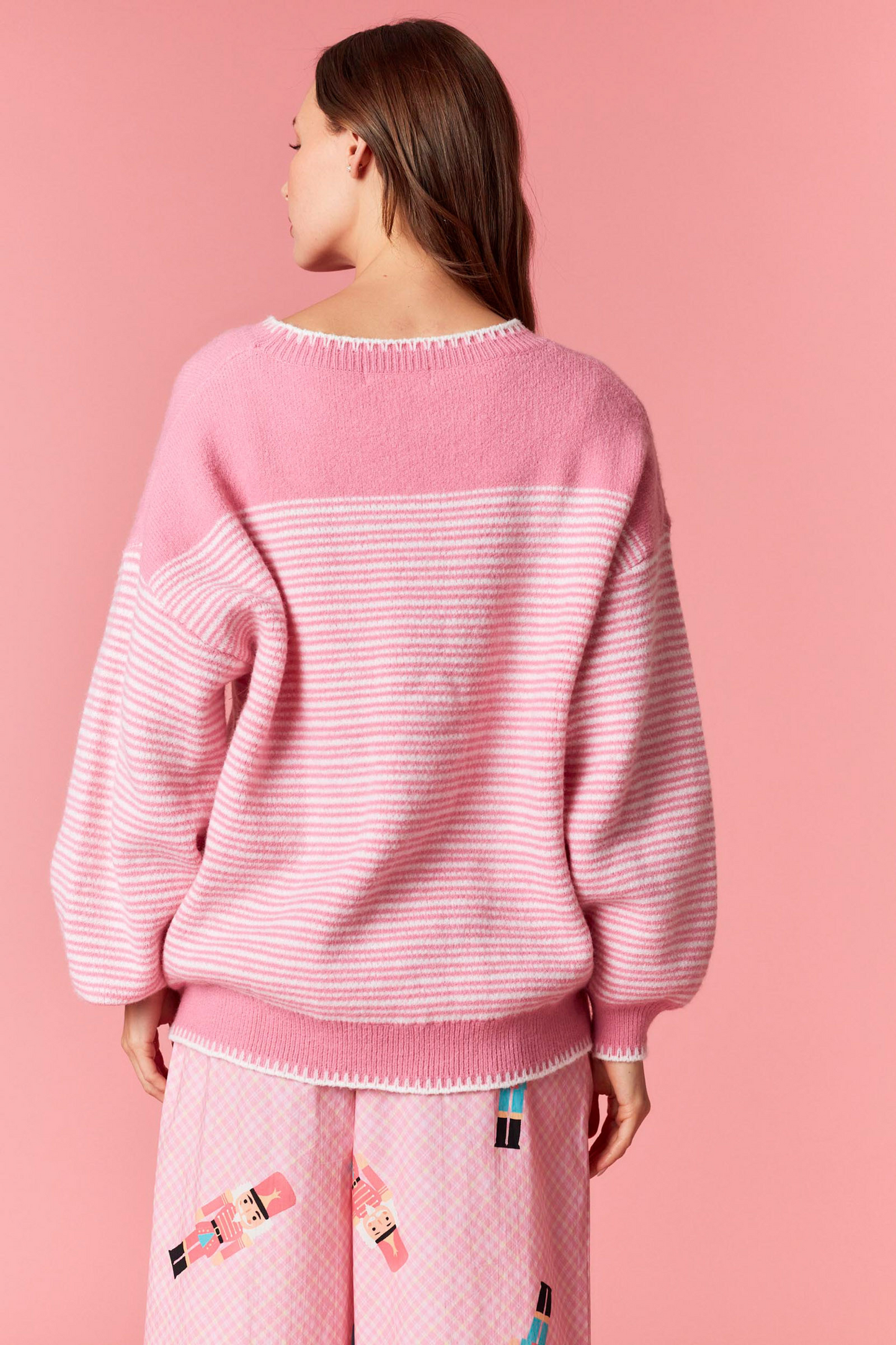 Pink Blanket Stitch Nutcracker Sweater