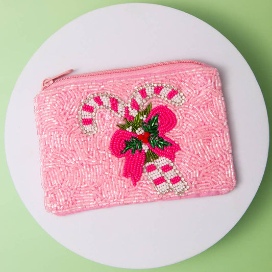 Christmas Pink Candy Cane Beaded Coin Bag