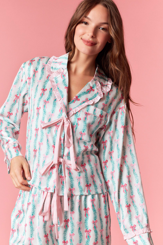 Bow Christmas Print Ruffle Satin PJ Set