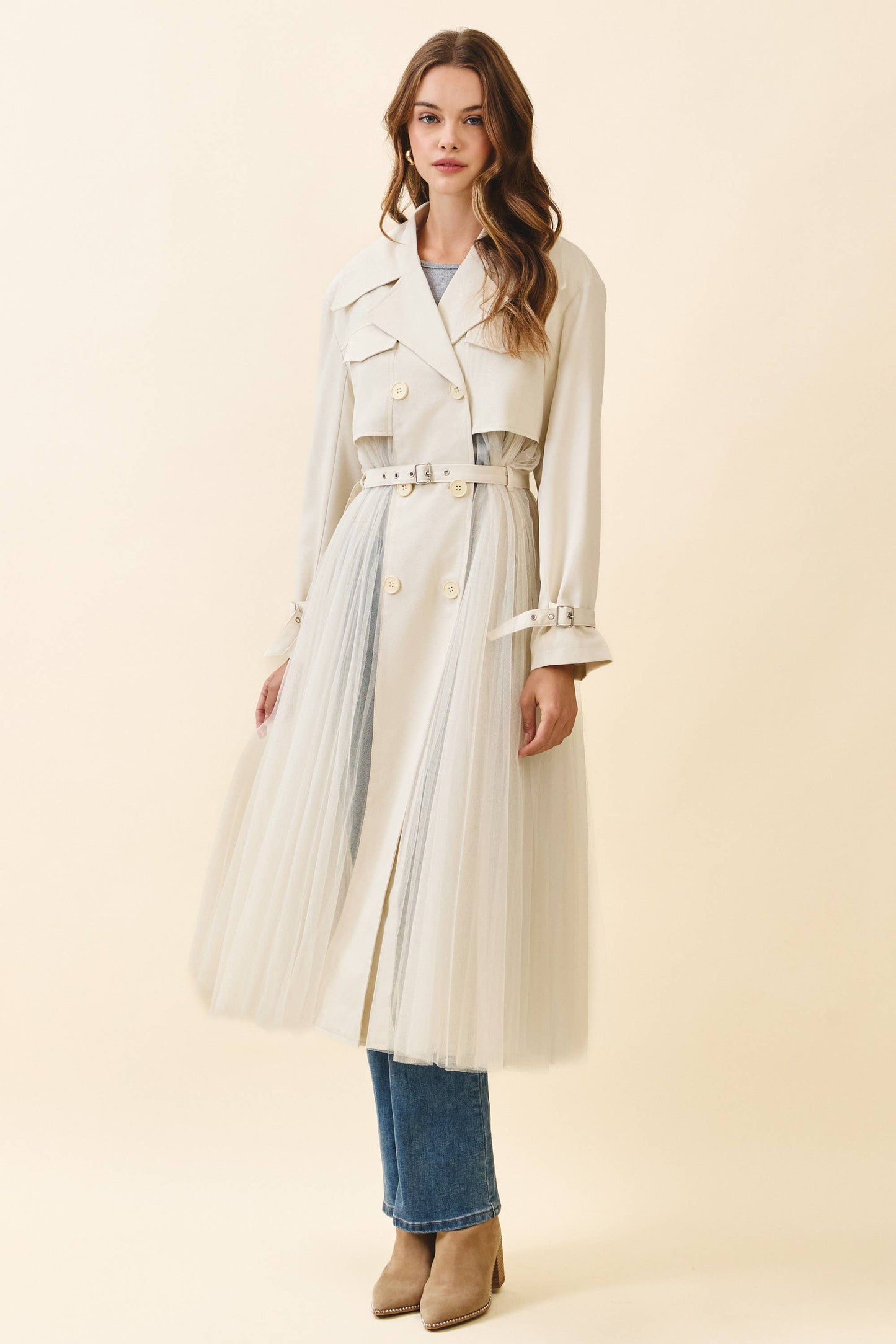 Double Breasted Tulle Classic Trench Coat
