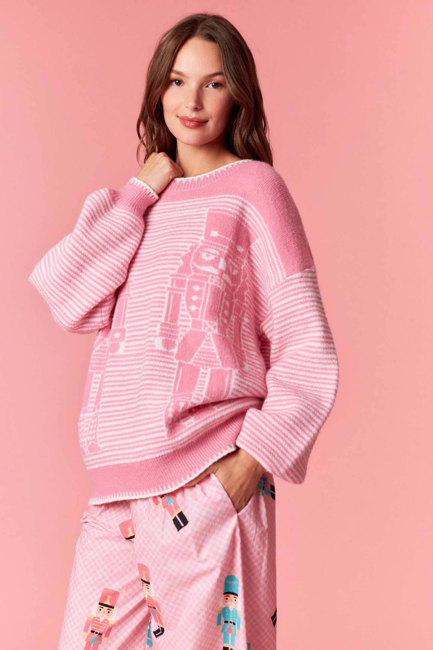 Pink Blanket Stitch Nutcracker Sweater