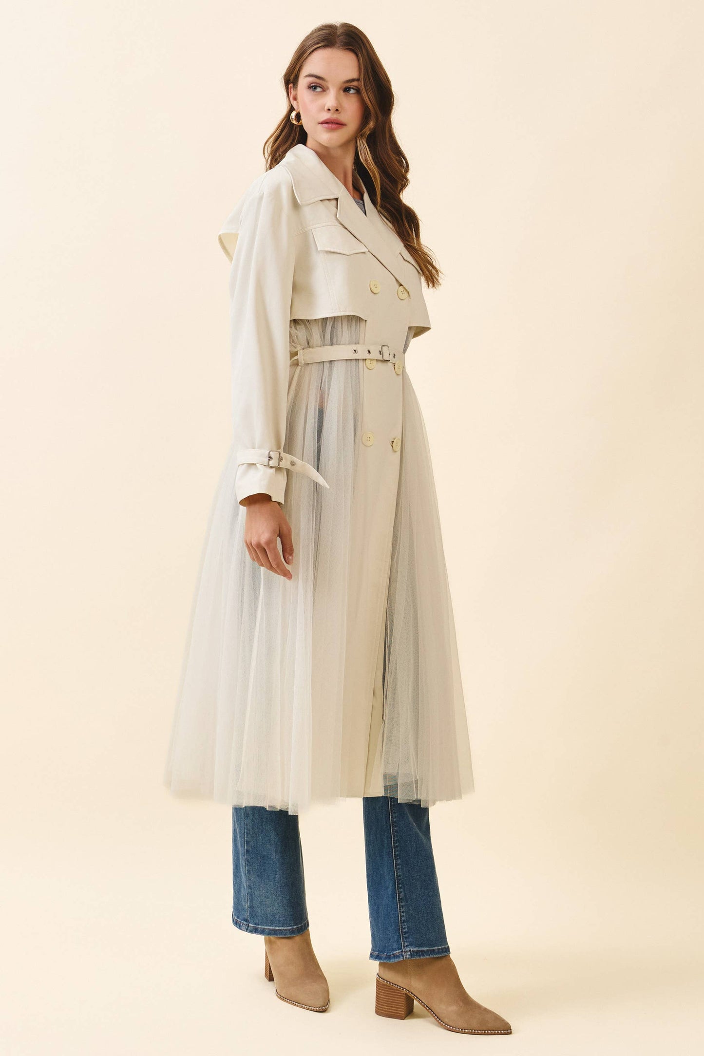 Double Breasted Tulle Classic Trench Coat