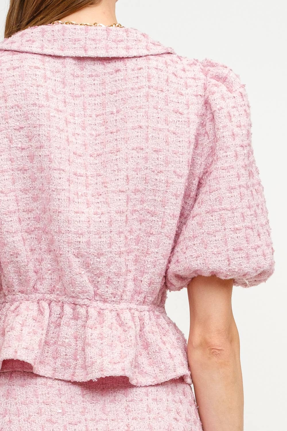 Pink Tweed Bow Peplum Top