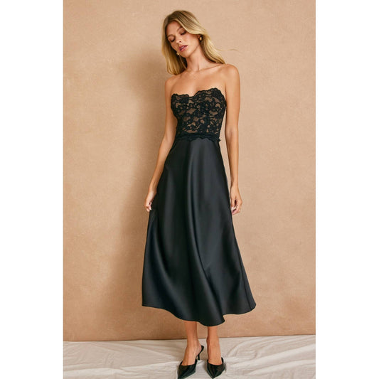 Black Lace Bodice Satin Midi Dress