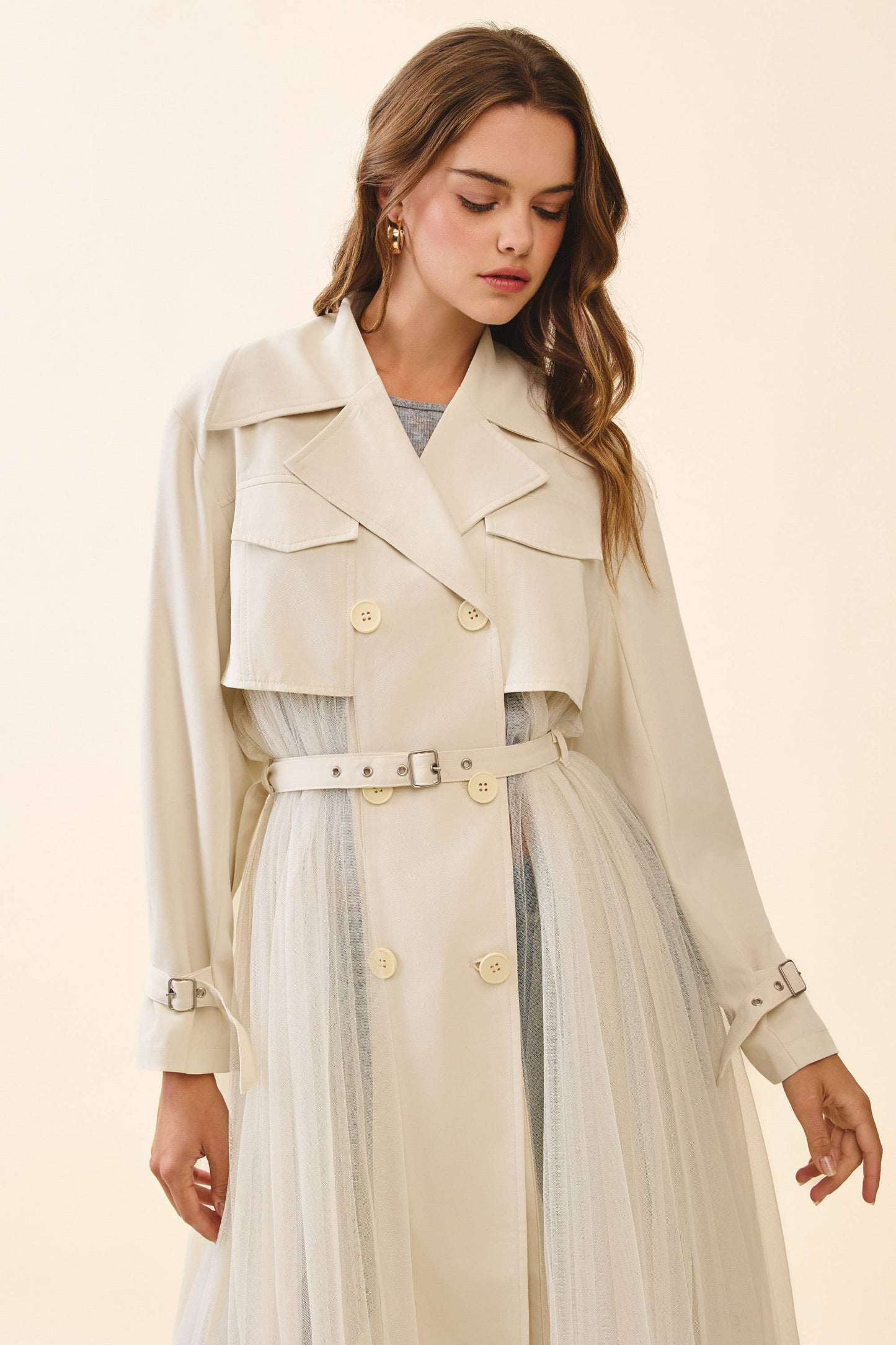 Double Breasted Tulle Classic Trench Coat