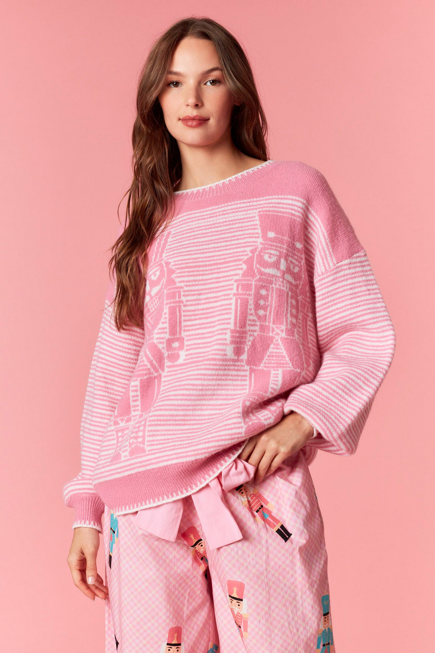 Pink Blanket Stitch Nutcracker Sweater