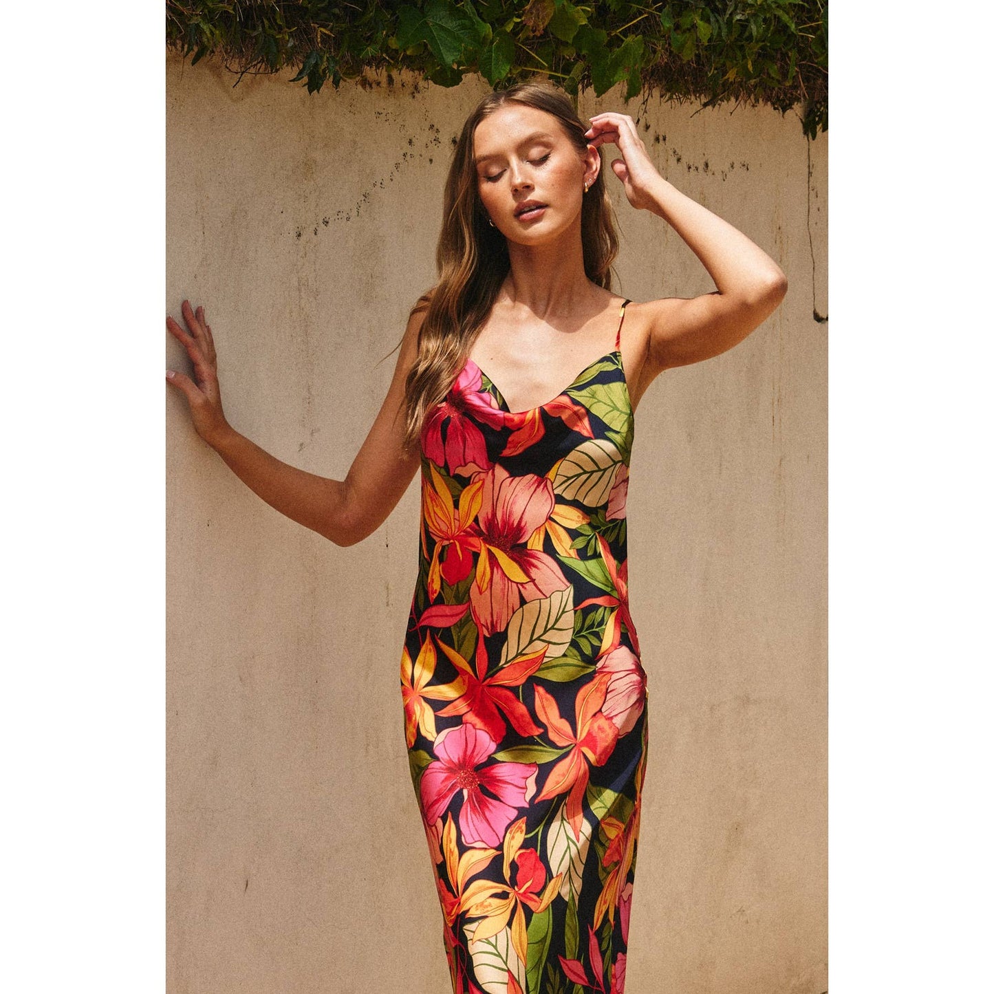 Aloha Cowl Neck Midi Slip Dress