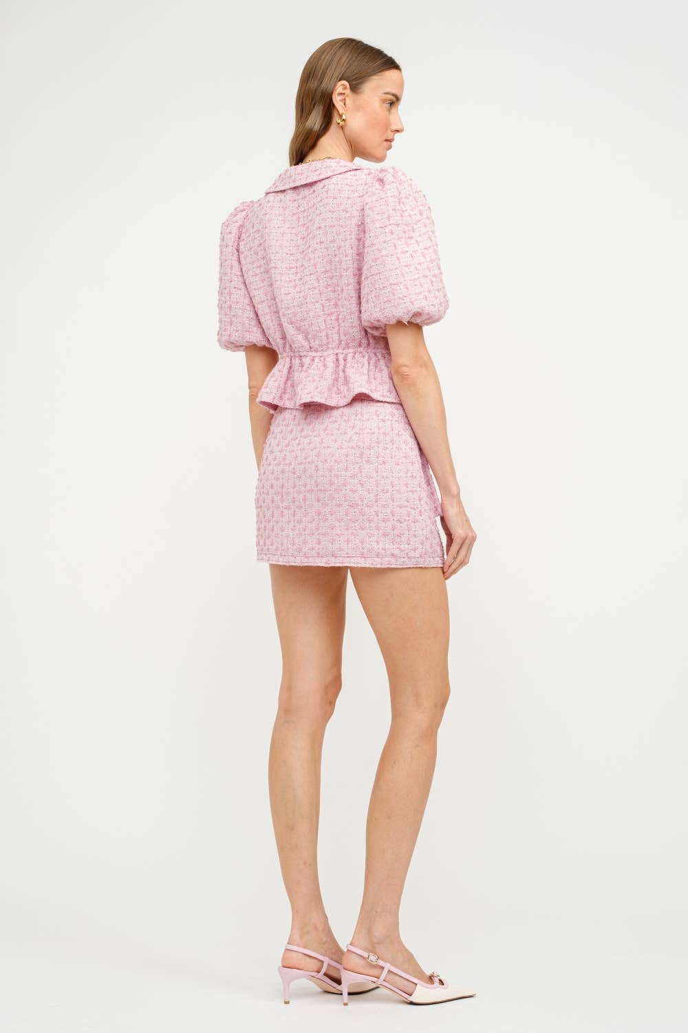 Pink Tweed Bow Peplum Top