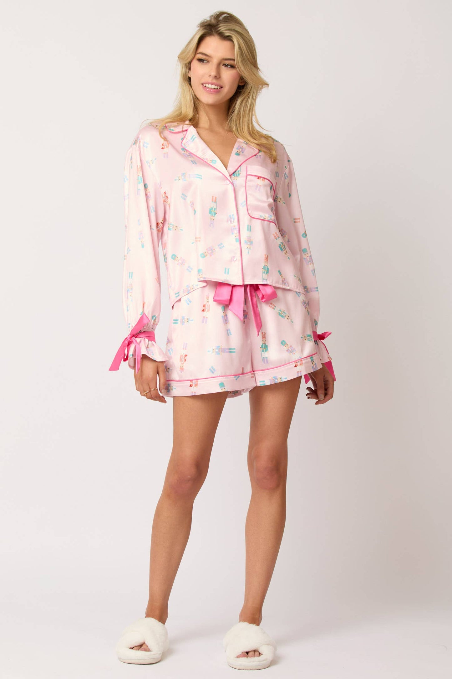 Satin Nutcracker Prints Shirt & Shorts Pajama Set