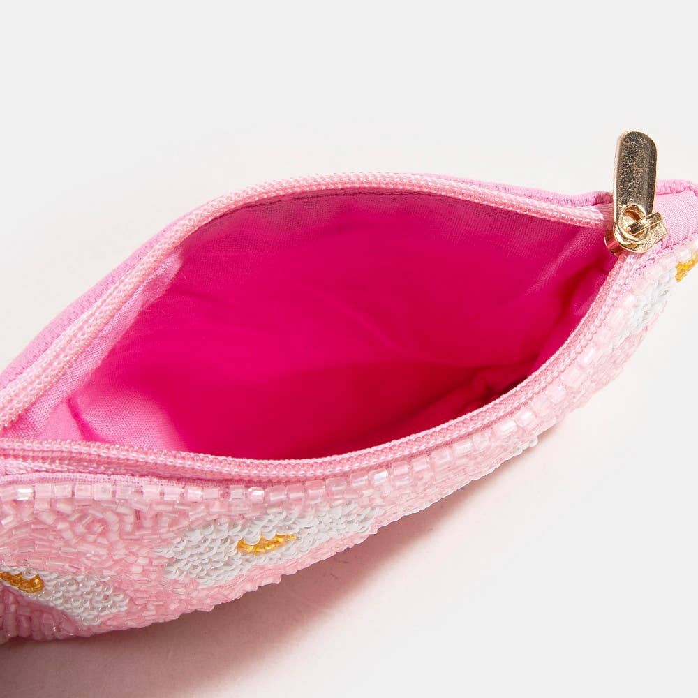 Daisy Flowers Pink Seed Beaded Coin Purse