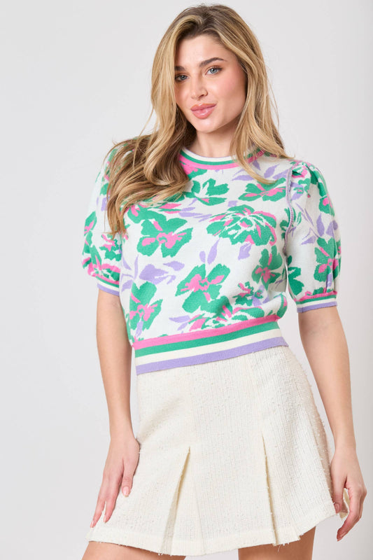 Puff Sleeve Floral Tennis Sweater