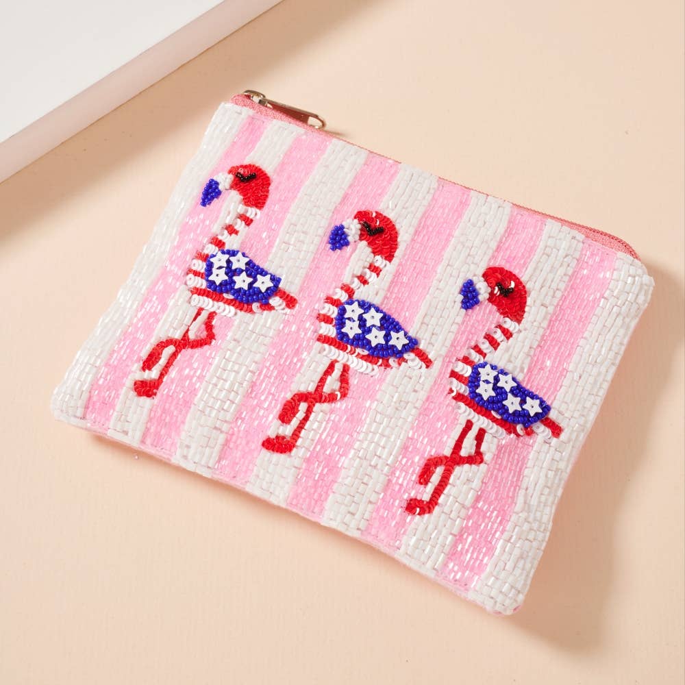 USA Flamingos Beaded Coin Purse
