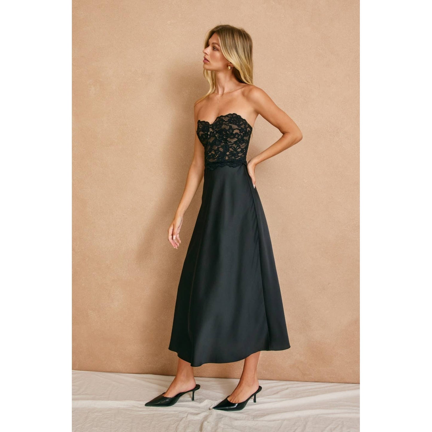 Black Lace Bodice Satin Midi Dress