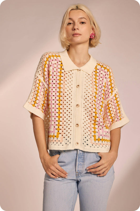Collared Crochet Button Down Shirt