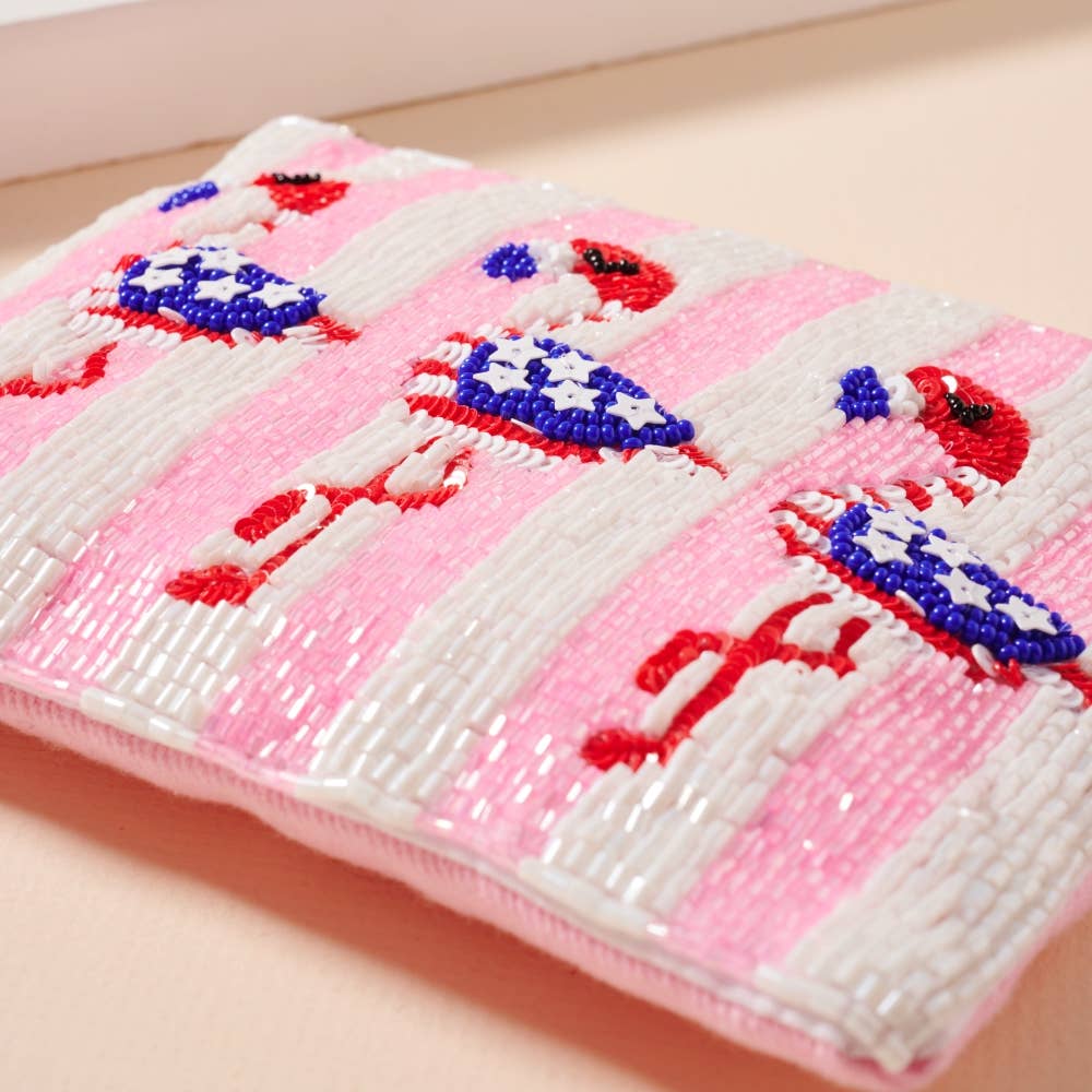 USA Flamingos Beaded Coin Purse