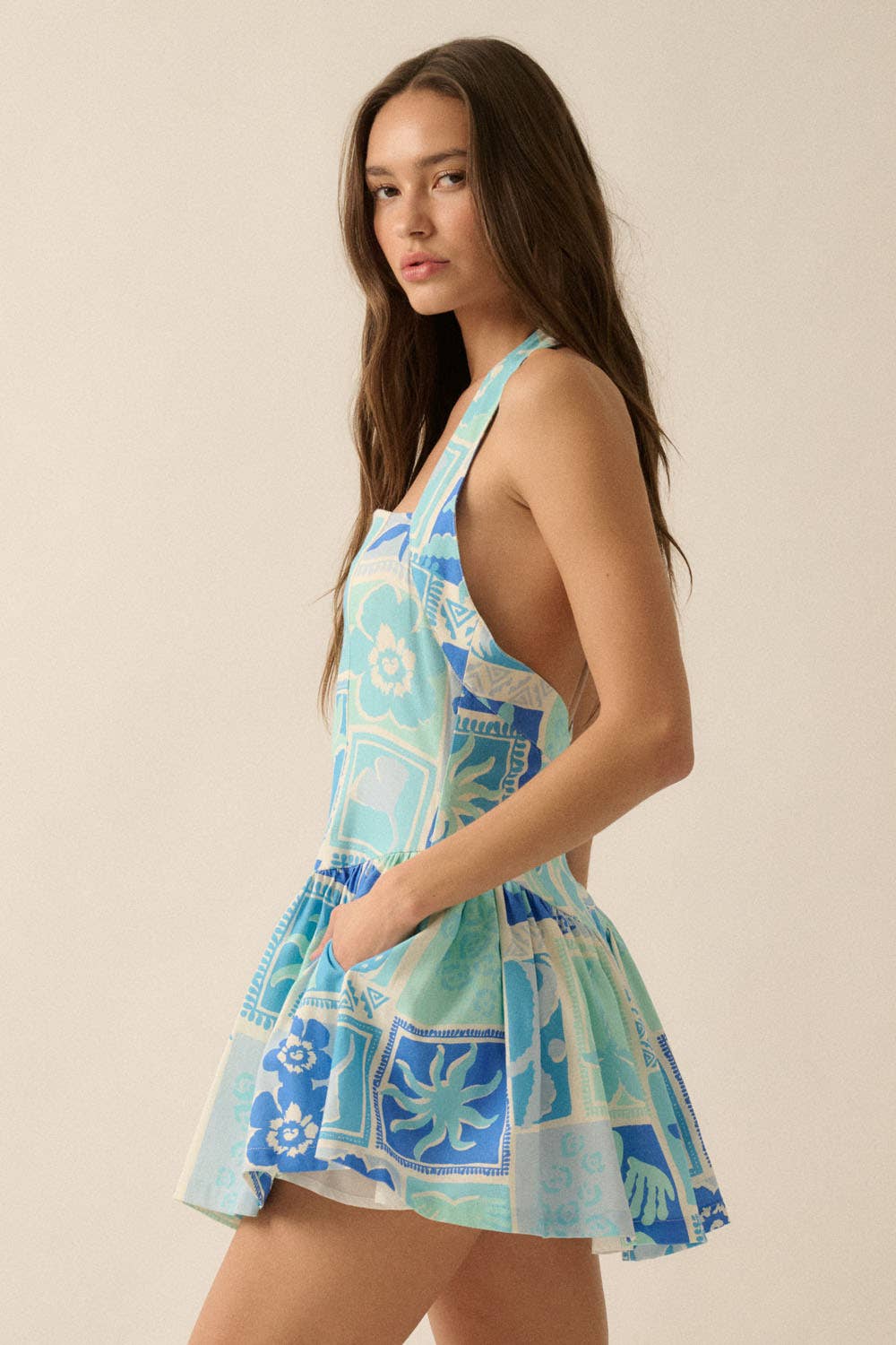 Tropical Floral-Print Halter Drop-Waist Mini Dress