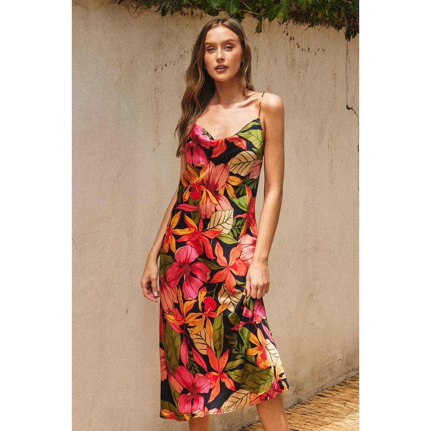 Aloha Cowl Neck Midi Slip Dress