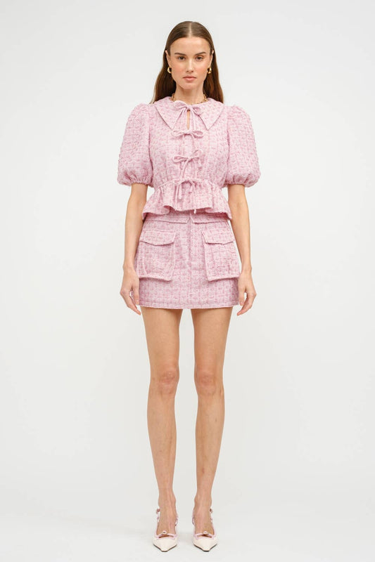 Pink Tweed Bow Peplum Top