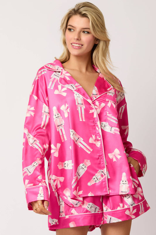 Pink Satin Nutcracker & Bow Print Pajama Set