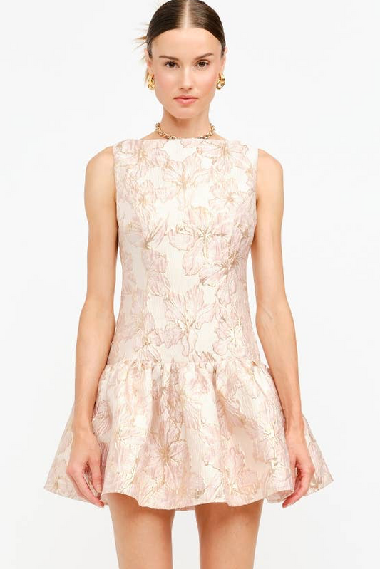 Golden Blush Jacquard Mini Dress